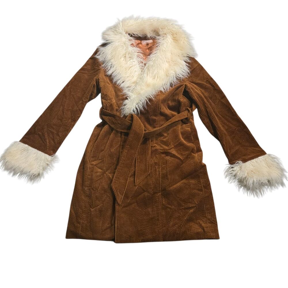 Show Me Your Mumu Penny Lane Coat Brown Corduroy Med Wrap Faux Fur Trim Hippie - Picture 2 of 8